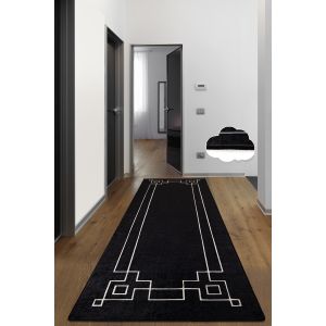 Tapis de couloir Abad 80x100cm Velours Motif Géométrique Noir et Blanc