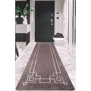 Tapis de couloir Abad 80x100cm Velours Motif Géométrique Marron et Blanc