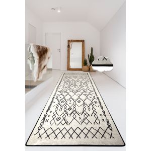 Tapis de couloir Tefka 80x140cm Velours Motif Ethnique Noir et Beige