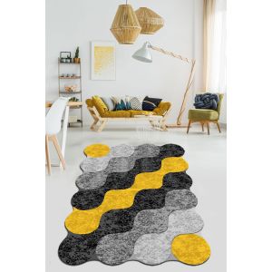 Tapis Ferano 80x100cm Velours Motif Cercles combinés Jaune, Noir et Gris