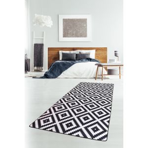 Tapis de couloir Hanat 80x200cm Velours Motif Géométrique classique Noir et Blanc