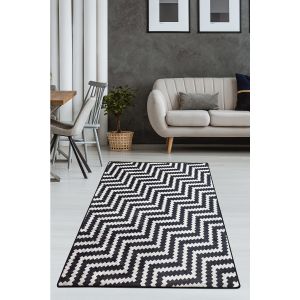 Tapis Izel 80x200cm Velours Motif Zigzag Noir et Blanc