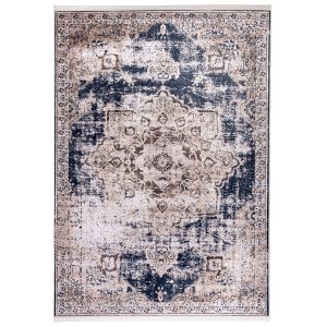 Tapis Kalia 80x400cm 100% Velours Motif Arabesque vieilli Marron et Bleu foncé