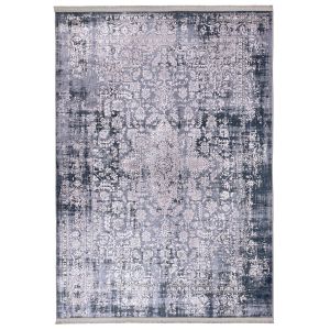 Tapis Kasim 80x400cm 100% Velours Motif Arabesque vieilli Gris et Blanc