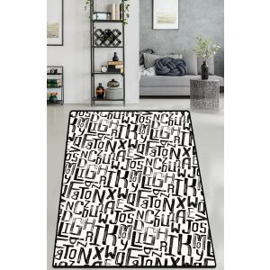 Tapis Linnea 80x100cm Velours Motif Lettres Noir et Blanc