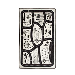 Tapis Placid 100x160cm Velours Motif Ville Noir et Beige