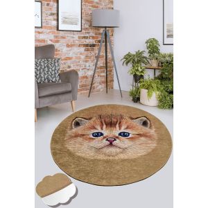 Tapis rond Kuni D200cm Velours Motif tête de chat Marron