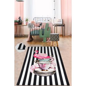 Tapis Talal 80x140cm Velours Motif Rayure Noir et Blanc et conception de tasse à sublimation flamant Rose