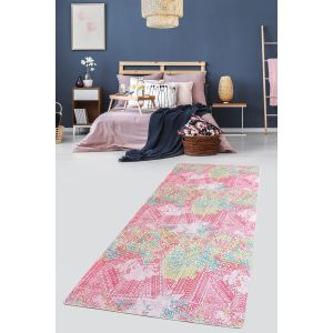 Tapis Yigit 80x200cm VeloursMotif Patchwork abstrait Rose