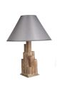 Lampe à poser style vintage moderne Tatri Abat jour conique Tissu Gris avec support Motif Géométrique Bois clair