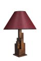 Lampe à poser style vintage moderne Tatri Abat jour conique Tissu Rouge avec support Motif Géométrique Bois foncé