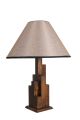 Lampe à poser style vintage moderne Tatri Abat jour conique Tissu Taupe avec support Motif Géométrique Bois foncé