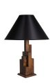 Lampe à poser style vintage moderne Tatri Abat jour conique Tissu Noir avec support Motif Géométrique Bois foncé