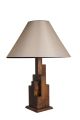 Lampe à poser style vintage moderne Tatri Abat jour conique Tissu Beige avec support Motif Géométrique Bois foncé