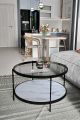 Table basse ronde kadira D73cm Bois Effet marbre Blanc, Métal Noir et Verre Transparent