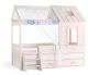 Lit cabane avec rangement pour enfant style maison Nandon 90x190cm Chêne clair et Rose