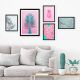 Lot de 5 tableaux encadrés Noir Aranea Motif Plante exotique Rose et Turquoise