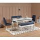 Set table extensible, 2 chaises, banc et banquette Malva Bois Blanc et Tissu Bleu foncé