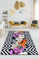 Tapis Djeten 100x200cm Motif Zigzag Noir et Blanc et Fleurs Multicolore