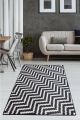 Tapis Izel 100x300cm Velours Motif Zigzag Noir et Blanc